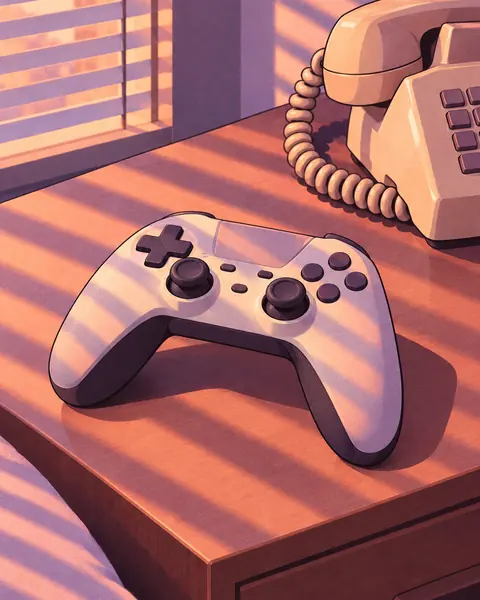 Game controller on a nightstand next to a retro telephone